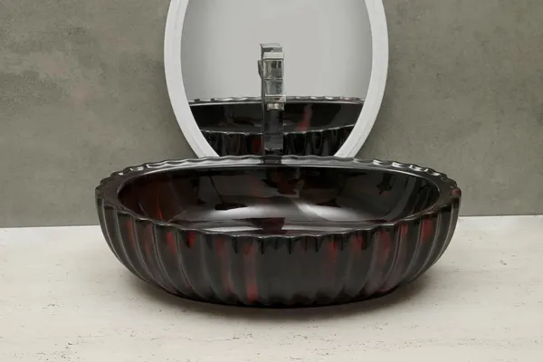 HISRE_Designer_Fluted_Round_Glossy_Black_Red_Ceramic_Vessel_Sink_For_Bathroom_Wash_Basin_Over_Counter_(19_x_13.5_x_5.5_Inch)_(Style_-_3)_CE3304_Table_Top_Basin_(Black)