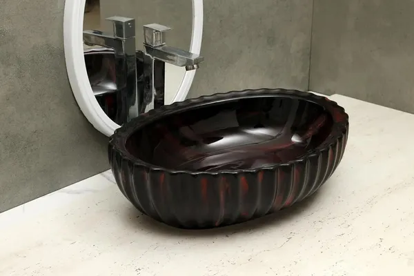 HISRE_Designer_Fluted_Round_Glossy_Black_Red_Ceramic_Vessel_Sink_For_Bathroom_Wash_Basin_Over_Counter_(19_x_13.5_x_5.5_Inch)_(Style_-_3)_CE3304_Table_Top_Basin_(Black)