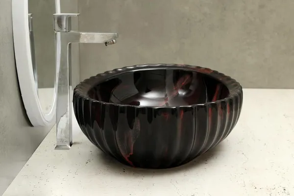 HISRE_Designer_Fluted_Round_Glossy_Black_Red_Ceramic_Vessel_Sink_For_Bathroom_Wash_Basin_Over_Counter_(19_x_13.5_x_5.5_Inch)_(Style_-_3)_CE3304_Table_Top_Basin_(Black)