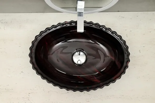 HISRE_Designer_Fluted_Round_Glossy_Black_Red_Ceramic_Vessel_Sink_For_Bathroom_Wash_Basin_Over_Counter_(19_x_13.5_x_5.5_Inch)_(Style_-_3)_CE3304_Table_Top_Basin_(Black)