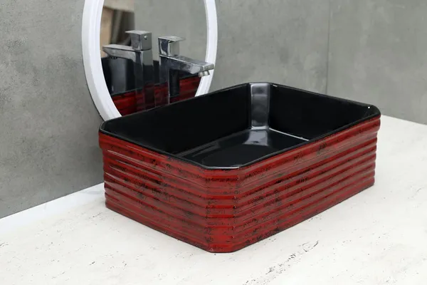 HISRE_Premium_Red-Black_Table_Top_Basin_Countertop_Ceramic_Bathroom_Kitchen_Sink_(18_x_14_x_6_Inch)_(Style_-_5)_AM3212_Table_Top_Basin_(Brown_&_Black)