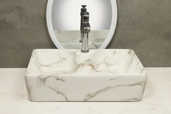 HISRE_Designer_Table_Top_Basin_Glossy_White_Marble_Over_Counter_Wash_Basin_For_Bathrooms_&_Living_Room_19_X_14_X_5_Inch_(1103)_Table_Top_Basin_(White)
