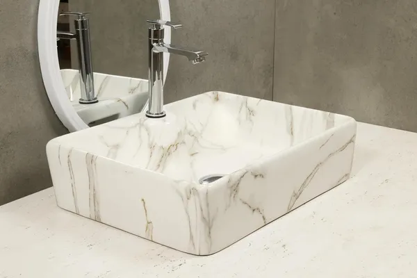 HISRE_Designer_Table_Top_Basin_Glossy_White_Marble_Over_Counter_Wash_Basin_For_Bathrooms_&_Living_Room_19_X_14_X_5_Inch_(1103)_Table_Top_Basin_(White)