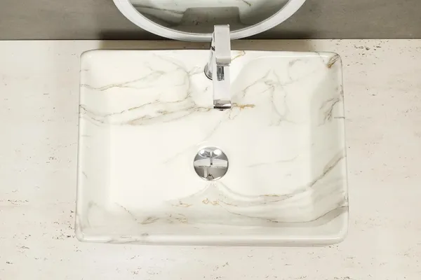 HISRE_Designer_Table_Top_Basin_Glossy_White_Marble_Over_Counter_Wash_Basin_For_Bathrooms_&_Living_Room_19_X_14_X_5_Inch_(1103)_Table_Top_Basin_(White)
