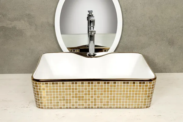 HISRE_Ceramic_Designer_Golden_Mosaic_Table_Top_Vessel_Sink_Wash_Basin_Oval_Shape_Over_Counter_Wash_Basin_For_Bathrooms_&_Living_Room_19_X_14_X_5_Inch_(G1105)_Table_Top_Basin_(Gold_&_White)