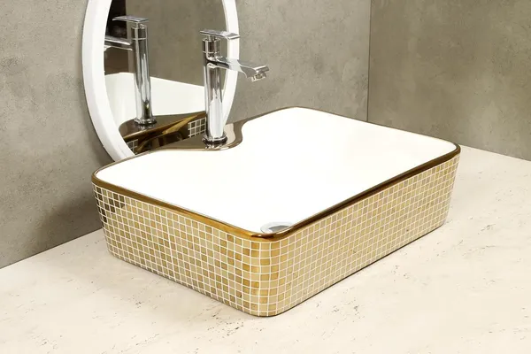 HISRE_Ceramic_Designer_Golden_Mosaic_Table_Top_Vessel_Sink_Wash_Basin_Oval_Shape_Over_Counter_Wash_Basin_For_Bathrooms_&_Living_Room_19_X_14_X_5_Inch_(G1105)_Table_Top_Basin_(Gold_&_White)