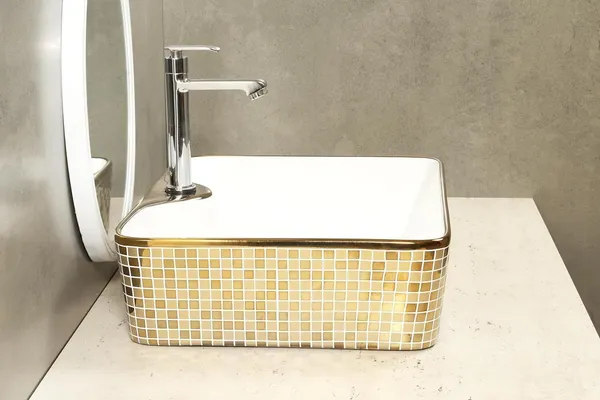 HISRE_Ceramic_Designer_Golden_Mosaic_Table_Top_Vessel_Sink_Wash_Basin_Oval_Shape_Over_Counter_Wash_Basin_For_Bathrooms_&_Living_Room_19_X_14_X_5_Inch_(G1105)_Table_Top_Basin_(Gold_&_White)