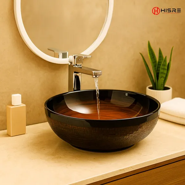 HISRE_Designer_Luxury_Matt_Marble_Table_Top_Wash_Basin_|_Oval_Style_(16.5x16.5x5.5_in)_Design_-_1_Over_Counter_Basin_(Black_&_Red)