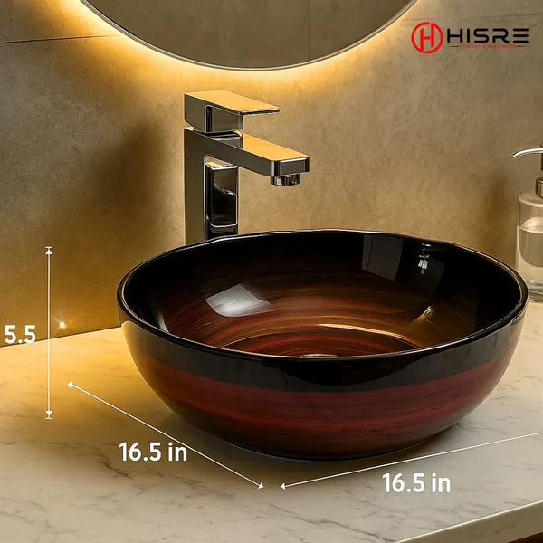 HISRE_Designer_Luxury_Matt_Marble_Table_Top_Wash_Basin_|_Oval_Style_(16.5x16.5x5.5_in)_Design_-_1_Over_Counter_Basin_(Black_&_Red)