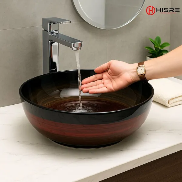 HISRE_Designer_Luxury_Matt_Marble_Table_Top_Wash_Basin_|_Oval_Style_(16.5x16.5x5.5_in)_Design_-_1_Over_Counter_Basin_(Black_&_Red)