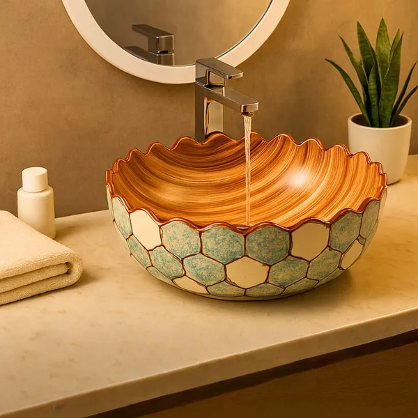 HISRE_Premium_Marble_Finish_Table_Top_Basin|18x13”_Oval_Ceramic_Bathroom_&_Living_Room_Design_-_3_Over_Counter_Basin_(Blue_&_Browm)