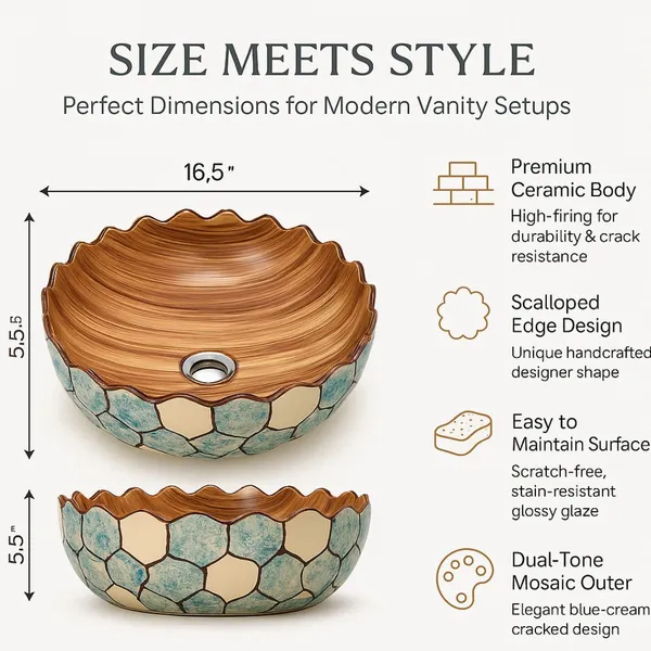 HISRE_Premium_Marble_Finish_Table_Top_Basin|18x13”_Oval_Ceramic_Bathroom_&_Living_Room_Design_-_3_Over_Counter_Basin_(Blue_&_Browm)