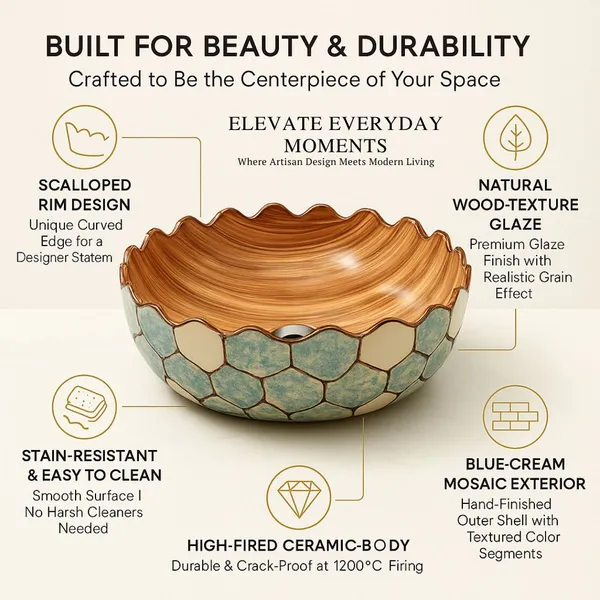 HISRE_Premium_Marble_Finish_Table_Top_Basin|18x13”_Oval_Ceramic_Bathroom_&_Living_Room_Design_-_3_Over_Counter_Basin_(Blue_&_Browm)