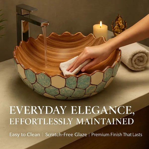HISRE_Premium_Marble_Finish_Table_Top_Basin|18x13”_Oval_Ceramic_Bathroom_&_Living_Room_Design_-_3_Over_Counter_Basin_(Blue_&_Browm)