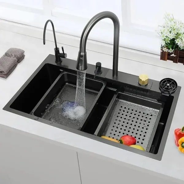 HISRE_Stylish_Smart_Sink_|_RO_Tap,Faucet,_LED_&_Storage_Tray|_Nano-Coated_|Touch_Panel_Multifunctional_Waterfall_Kitchen_Sink_304_GRADE_All_in_One_30x18_inch_Vessel_Sink_(Black)