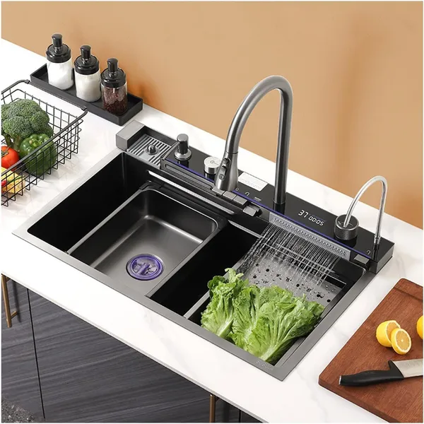 HISRE_304_Steel_Smart_Sink_with_Touch_Switch,_RO,_Pull_Faucet,_LED_&_Nano_Coating_30x18x9_5-Piano_Switch_2_Waterfall_&_1_Pull-down_Faucet_With_LED_Display_Vessel_Sink_(MATTE_BLACK)