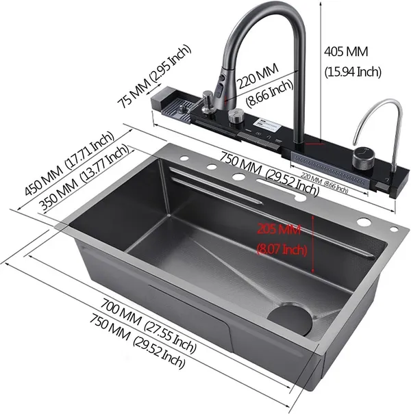 HISRE_304_Steel_Smart_Sink_with_Touch_Switch,_RO,_Pull_Faucet,_LED_&_Nano_Coating_30x18x9_5-Piano_Switch_2_Waterfall_&_1_Pull-down_Faucet_With_LED_Display_Vessel_Sink_(MATTE_BLACK)