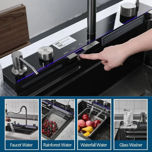 HISRE_304_Steel_Smart_Sink_with_Touch_Switch,_RO,_Pull_Faucet,_LED_&_Nano_Coating_30x18x9_5-Piano_Switch_2_Waterfall_&_1_Pull-down_Faucet_With_LED_Display_Vessel_Sink_(MATTE_BLACK)