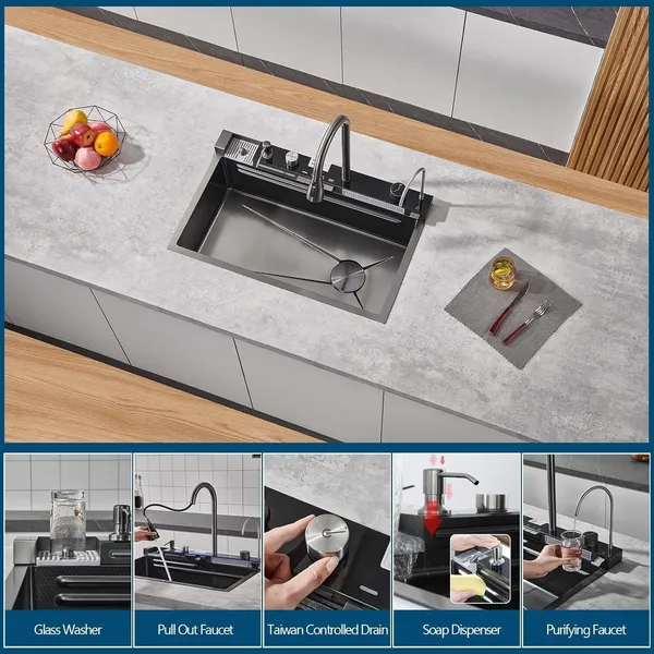HISRE_304_Steel_Smart_Sink_with_Touch_Switch,_RO,_Pull_Faucet,_LED_&_Nano_Coating_30x18x9_5-Piano_Switch_2_Waterfall_&_1_Pull-down_Faucet_With_LED_Display_Vessel_Sink_(MATTE_BLACK)