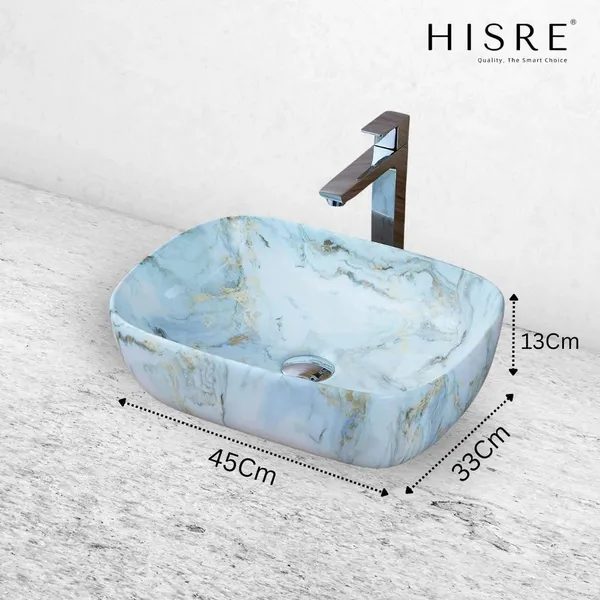 HISRE_Luxurious_Table_Top_Wash_Basin|_Premium_Ceramic_Basin_for_Bathroom_&_Living_Room_WHITE_Marble_Finish_OVER-COUNTER_Wash_Basin_|_45x33x13_cm_|_White_|_SKTP1048_Over_Counter_Basin_(White_Marble_Finish)