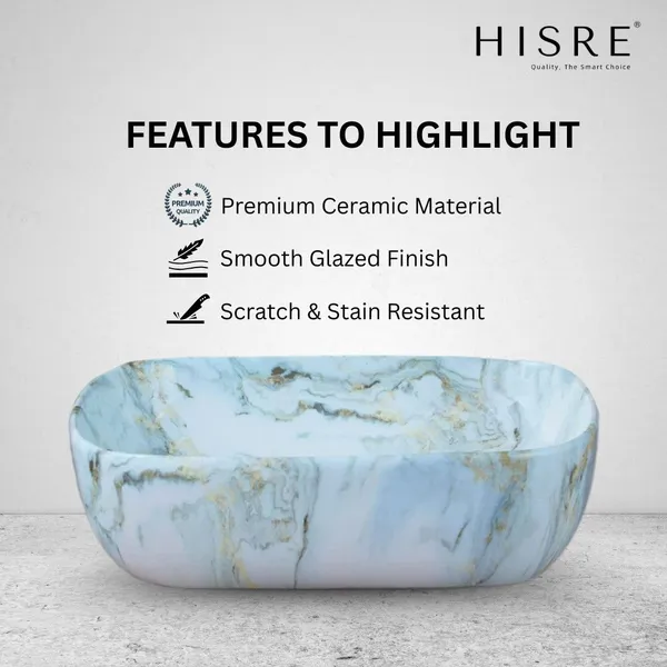 HISRE_Luxurious_Table_Top_Wash_Basin|_Premium_Ceramic_Basin_for_Bathroom_&_Living_Room_WHITE_Marble_Finish_OVER-COUNTER_Wash_Basin_|_45x33x13_cm_|_White_|_SKTP1048_Over_Counter_Basin_(White_Marble_Finish)