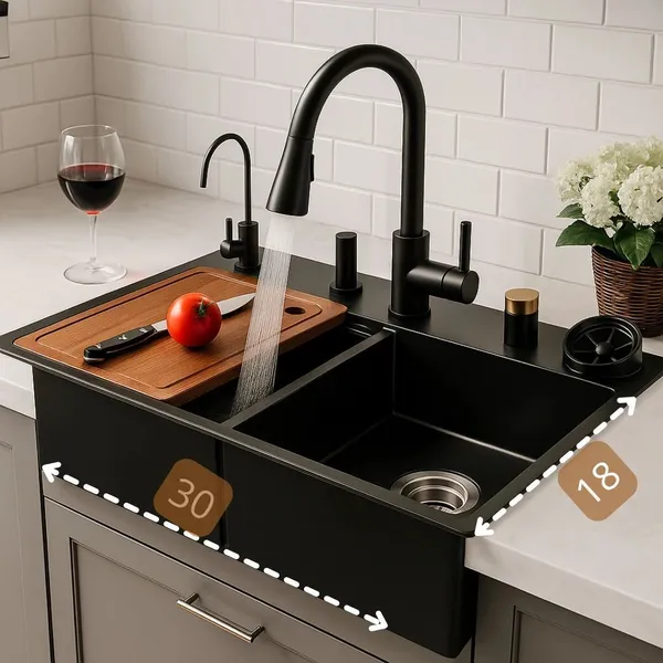 HISRE_Multifunctional_Waterfall_Kitchen_Sink_304_GRADE_All_in_One_30x18_inch_Vessel_Sink_(Matte_Black_Finish)
