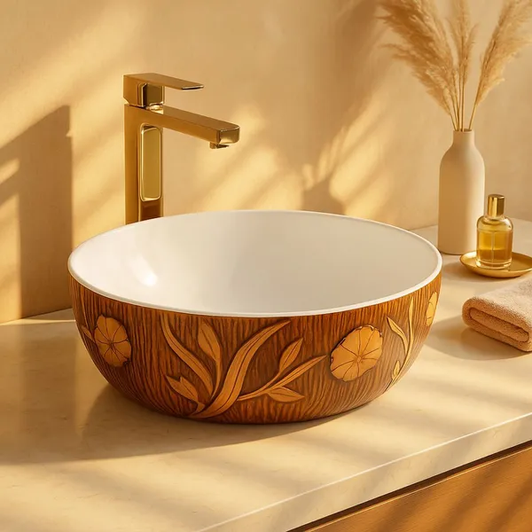 HISRE_Premium_Oval_Ceramic_Wash_Basin_|_Luxury_Floral_Wood_Texture_|16.5x16.5x5.5_Inch_Design_-_2_-CB1655-WTFL_Over_Counter_Basin_(White_&_Natural_Wood_Brown)