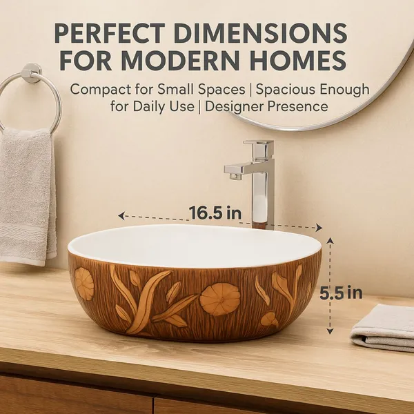 HISRE_Premium_Oval_Ceramic_Wash_Basin_|_Luxury_Floral_Wood_Texture_|16.5x16.5x5.5_Inch_Design_-_2_-CB1655-WTFL_Over_Counter_Basin_(White_&_Natural_Wood_Brown)