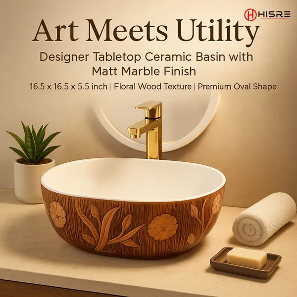 HISRE_Premium_Oval_Ceramic_Wash_Basin_|_Luxury_Floral_Wood_Texture_|16.5x16.5x5.5_Inch_Design_-_2_-CB1655-WTFL_Over_Counter_Basin_(White_&_Natural_Wood_Brown)