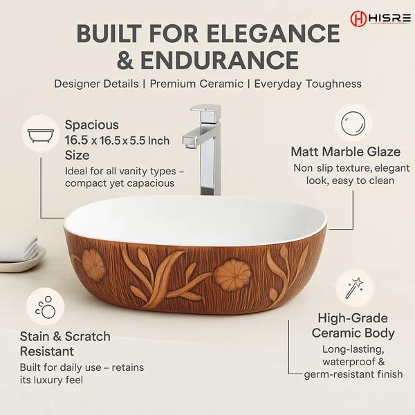 HISRE_Premium_Oval_Ceramic_Wash_Basin_|_Luxury_Floral_Wood_Texture_|16.5x16.5x5.5_Inch_Design_-_2_-CB1655-WTFL_Over_Counter_Basin_(White_&_Natural_Wood_Brown)