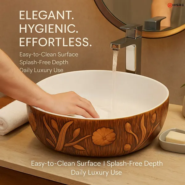 HISRE_Premium_Oval_Ceramic_Wash_Basin_|_Luxury_Floral_Wood_Texture_|16.5x16.5x5.5_Inch_Design_-_2_-CB1655-WTFL_Over_Counter_Basin_(White_&_Natural_Wood_Brown)
