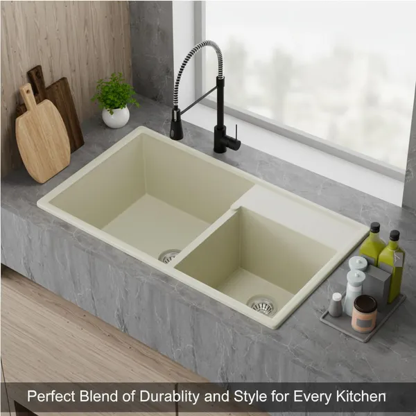 HISRE_Quartz_Double_Bowl_Kitchen_Sink_31x19x10_Inch_Scratch_Resistant_Sink_QSB-311910-CRM_Top_Mount_(Crema)