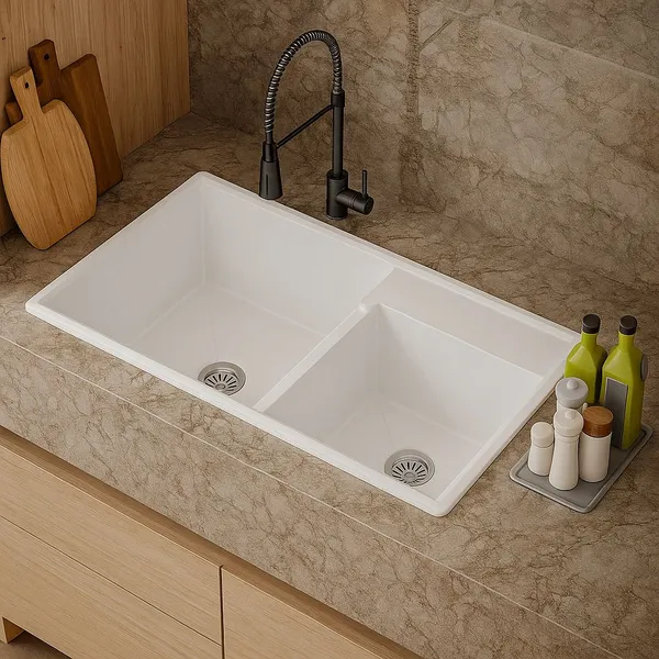 HISRE_Quartz_Double_Bowl_Kitchen_Sink_31x19x10_Inch_Modern_Homes_–_White_QSB-311910-WHT_Top_Mount_(White)