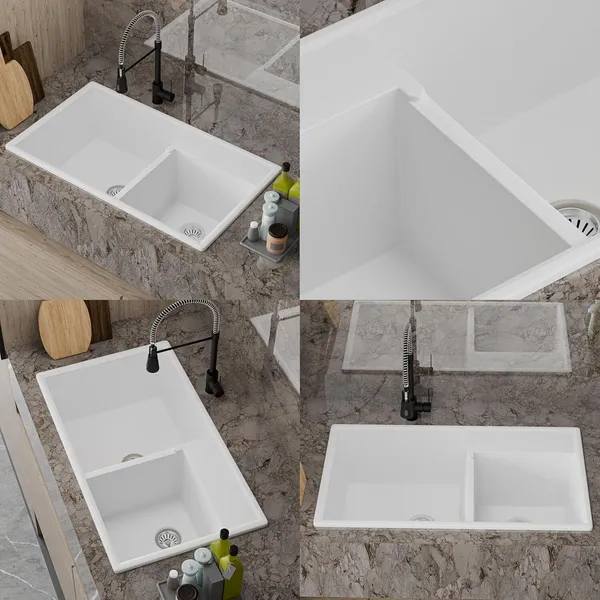 HISRE_Quartz_Double_Bowl_Kitchen_Sink_31x19x10_Inch_Modern_Homes_–_White_QSB-311910-WHT_Top_Mount_(White)