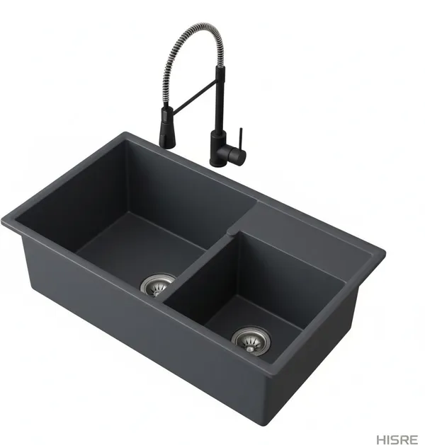 HISRE_Quartz_Double_Bowl_Kitchen_Sink_31x19x10_Inch_Durable_Easy_Clean_–_Gray_QSB-311910-GRY_Top_Mount_(Gray)