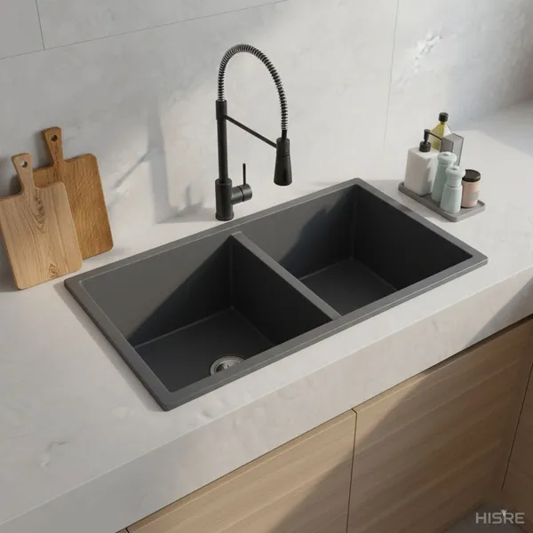 HISRE_Quartz_Double_Bowl_Kitchen_Sink_31x19x10_Inch_Durable_Easy_Clean_–_Gray_QSB-311910-GRY_Top_Mount_(Gray)