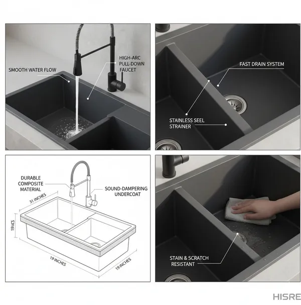 HISRE_Quartz_Double_Bowl_Kitchen_Sink_31x19x10_Inch_Durable_Easy_Clean_–_Gray_QSB-311910-GRY_Top_Mount_(Gray)