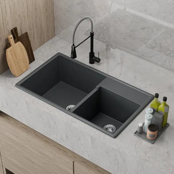 HISRE_Quartz_Composite_Double_Bowl_Kitchen_Sink_31x18x9_Inch_Heat_Resistant_QS-3189-GY_Top_Mount_(Grey)