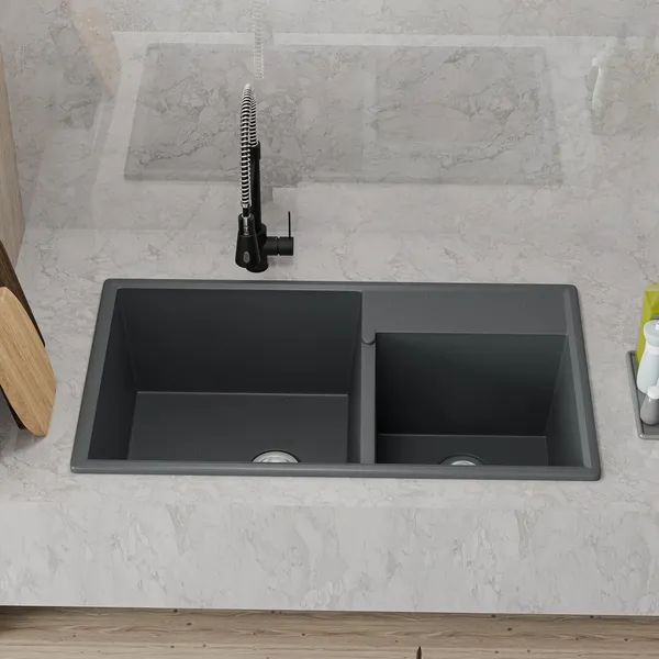 HISRE_Quartz_Composite_Double_Bowl_Kitchen_Sink_31x18x9_Inch_Heat_Resistant_QS-3189-GY_Top_Mount_(Grey)