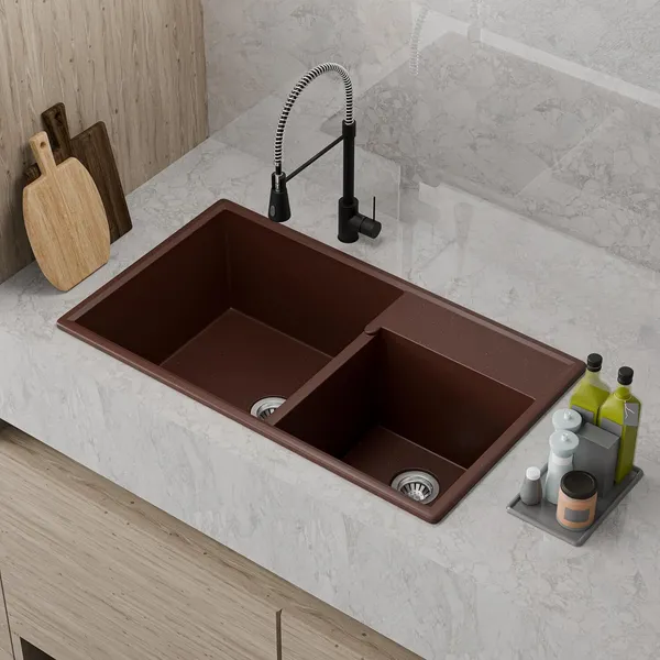 HISRE_Quartz_Kitchen_Sink_Double_Bowl_31x18x9_Inch_UV_Protected_Easy_to_Clean_QS-3189-BR_Top_Mount_(Brown)