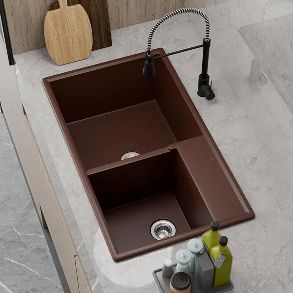 HISRE_Quartz_Kitchen_Sink_Double_Bowl_31x18x9_Inch_UV_Protected_Easy_to_Clean_QS-3189-BR_Top_Mount_(Brown)