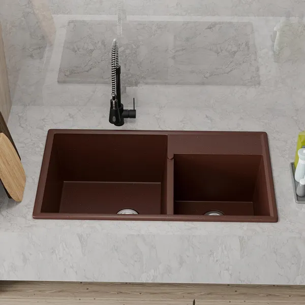 HISRE_Quartz_Kitchen_Sink_Double_Bowl_31x18x9_Inch_UV_Protected_Easy_to_Clean_QS-3189-BR_Top_Mount_(Brown)