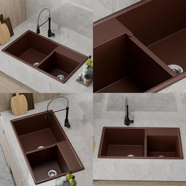 HISRE_Quartz_Kitchen_Sink_Double_Bowl_31x18x9_Inch_UV_Protected_Easy_to_Clean_QS-3189-BR_Top_Mount_(Brown)