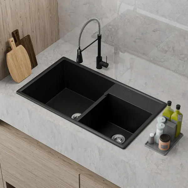 HISRE_Quartz_Double_Bowl_Kitchen_Sink_31x18x9_Inch_Scratch_Resistant_Noise_Free_QS-3189-BK_Top_Mount_(Black)