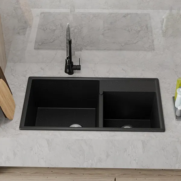 HISRE_Quartz_Double_Bowl_Kitchen_Sink_31x18x9_Inch_Scratch_Resistant_Noise_Free_QS-3189-BK_Top_Mount_(Black)