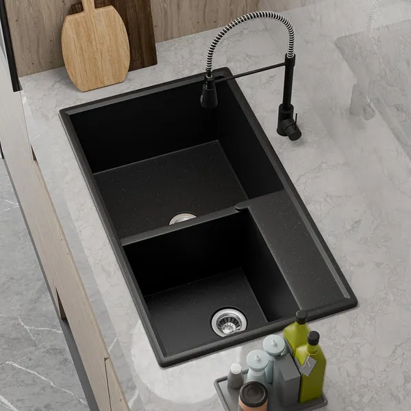 HISRE_Quartz_Double_Bowl_Kitchen_Sink_31x18x9_Inch_Scratch_Resistant_Noise_Free_QS-3189-BK_Top_Mount_(Black)