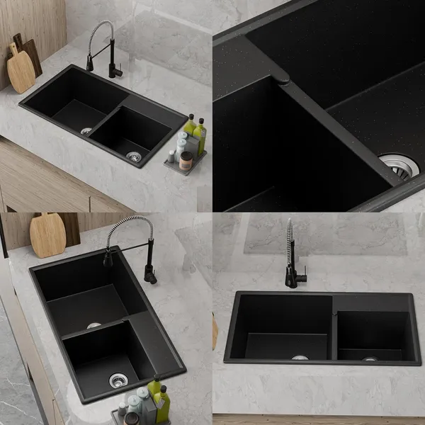 HISRE_Quartz_Double_Bowl_Kitchen_Sink_31x18x9_Inch_Scratch_Resistant_Noise_Free_QS-3189-BK_Top_Mount_(Black)