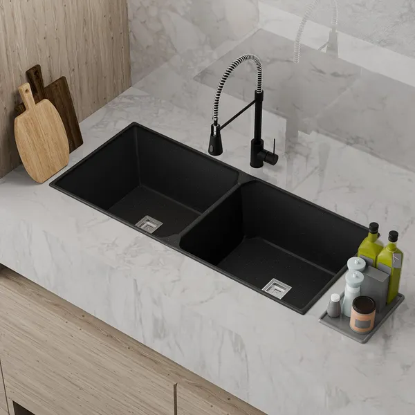 HISRE_Large_Quartz_Kitchen_Sink_Double_Bowl_45x20x9_Inch_Easy_Clean_Scratch_Resistant_HS-DBQ-4520-BK_Top_Mount_(Black)