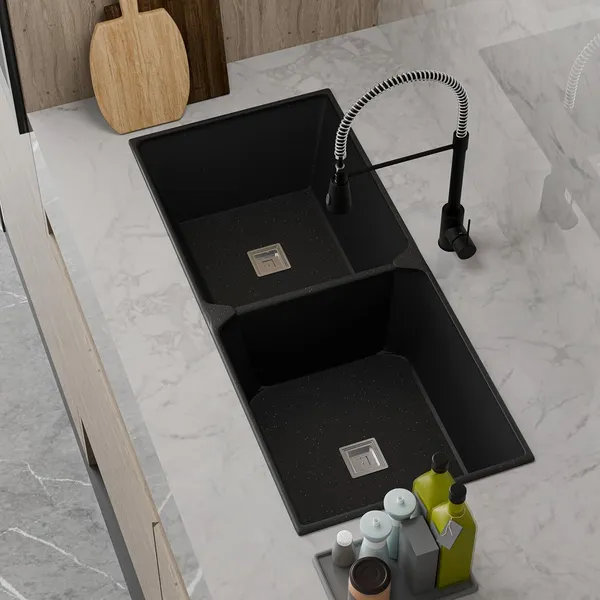 HISRE_Large_Quartz_Kitchen_Sink_Double_Bowl_45x20x9_Inch_Easy_Clean_Scratch_Resistant_HS-DBQ-4520-BK_Top_Mount_(Black)