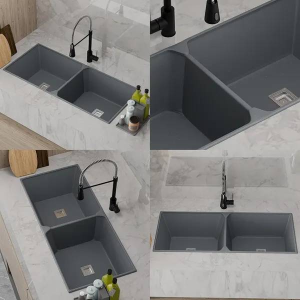 HISRE_Scratch_Resistant_Quartz_Kitchen_Sink_45x20x9_Inch_Double_Bowl_Noise_Reducing_HS-DBQ-4520-BR_Top_Mount_(Grey)